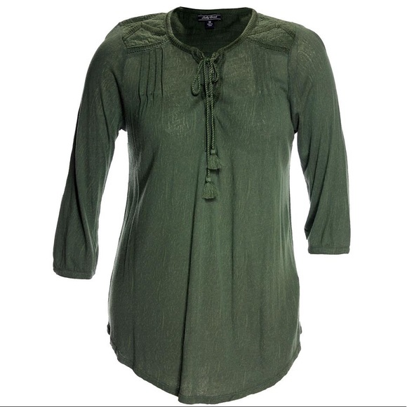 Lucky Brand Lace Up Olive Green Blouse - Picture 1 of 5
